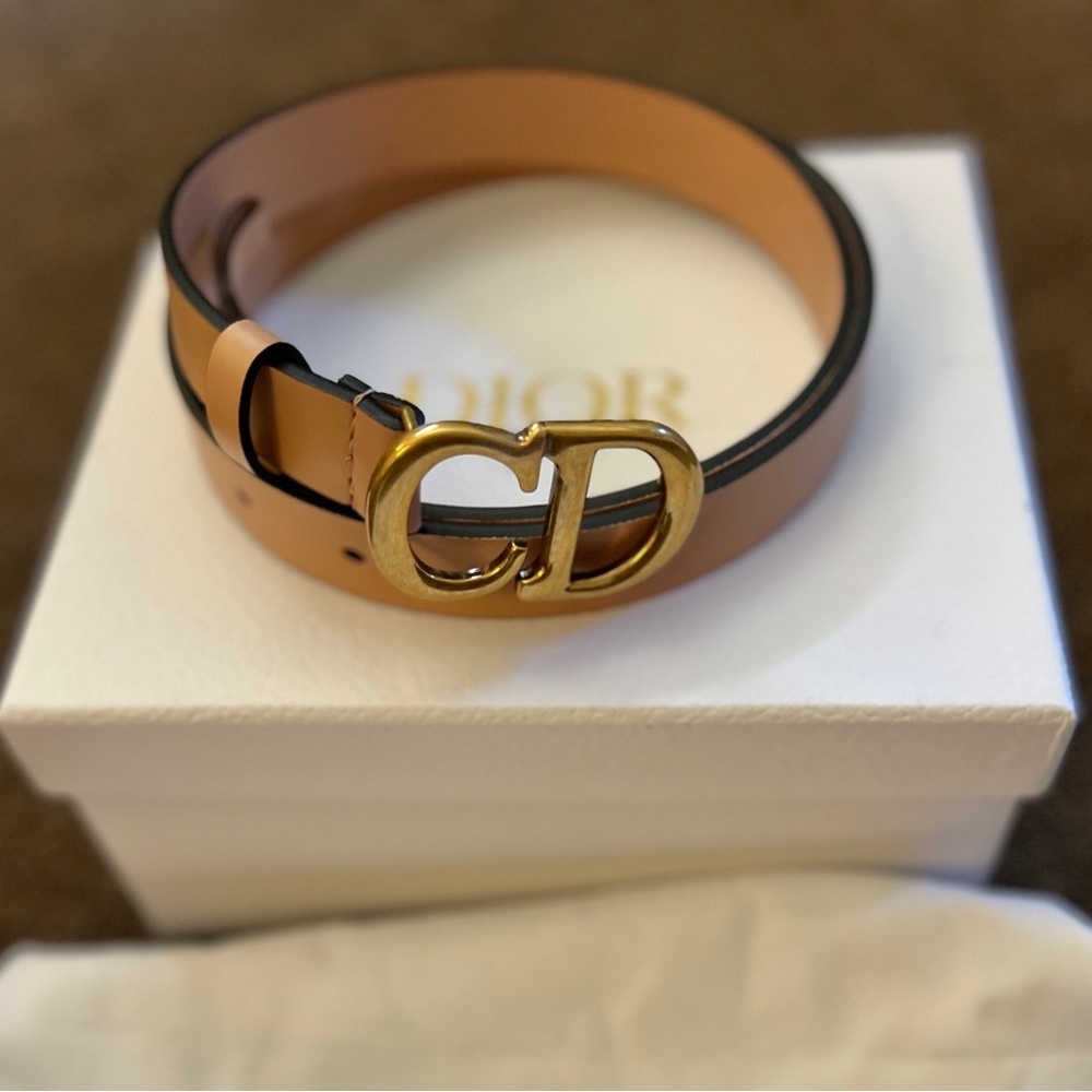 DIOR slim saddle belt in Rose with aged gold CD logo buckle